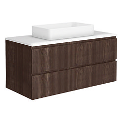 Osaka Slatted Dark Oak 1200mm Wall Hung 2-Drawer Vanity Unit with White Stone Worktop & Rectangular Basin