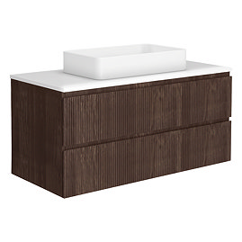 Osaka Slatted Dark Oak 1200mm Wall Hung 2-Drawer Vanity Unit with White Stone Worktop & Rectangular Basin
