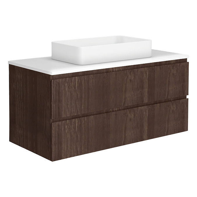 Osaka Slatted Dark Oak 1200mm Wall Hung 2-Drawer Vanity Unit with White Stone Worktop & Rectangular Basin