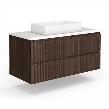 Osaka Slatted Dark Oak 1200mm Wall Hung 2-Drawer Vanity Unit with White Stone Worktop & Rectangular Basin
