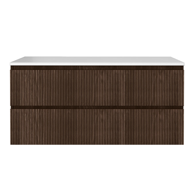 Osaka Slatted Dark Oak 1200mm Wall Hung 2-Drawer Vanity Unit with White Stone Worktop