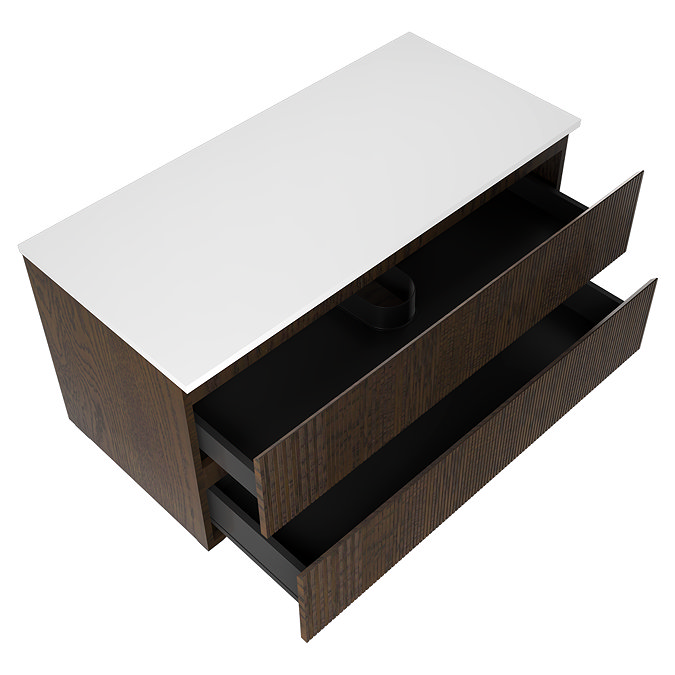 Osaka Slatted Dark Oak 1200mm Wall Hung 2-Drawer Vanity Unit with White Stone Worktop