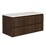 Osaka Slatted Dark Oak 1200mm Wall Hung 2-Drawer Vanity Unit with White Stone Worktop