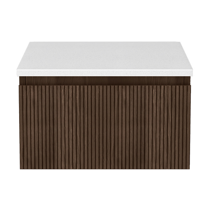 Osaka Slatted Dark Oak 500mm Wall Hung Vanity with White Stone Worktop & Round Countertop Basin