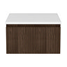 Osaka Slatted Dark Oak 500mm Wall Hung Vanity with White Stone Worktop & Round Countertop Basin