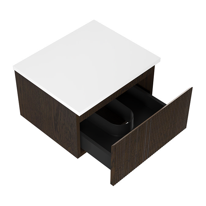Osaka Slatted Dark Oak 500mm Wall Hung Vanity with White Stone Worktop & Round Countertop Basin