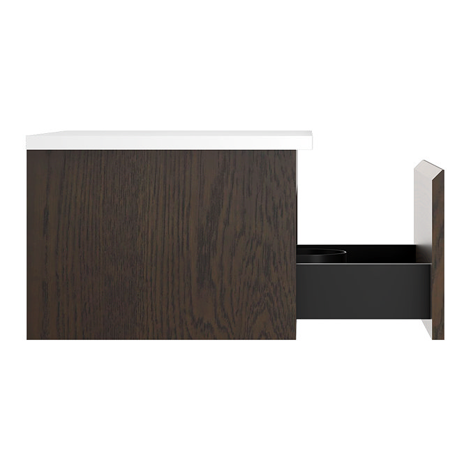 Osaka Slatted Dark Oak 500mm Wall Hung Vanity with White Stone Worktop & Round Countertop Basin