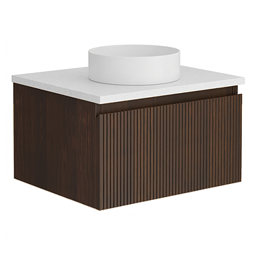 Osaka Slatted Dark Oak 500mm Wall Hung Vanity with White Stone Worktop & Round Countertop Basin