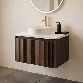 Osaka Slatted Dark Oak 500mm Wall Hung Vanity with White Stone Worktop & Round Countertop Basin
