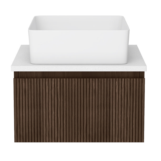 Osaka Slatted Dark Oak 500mm Wall Hung 1 Drawer Vanity Unit with White Granite Stone Worktop + Gloss White Basin