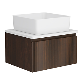 Osaka Slatted Dark Oak 500mm Wall Hung 1 Drawer Vanity Unit with White Granite Stone Worktop + Gloss White Basin
