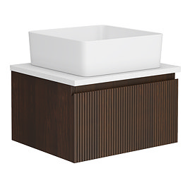 Osaka Slatted Dark Oak 500mm Wall Hung 1 Drawer Vanity Unit with White Granite Stone Worktop + Gloss White Basin