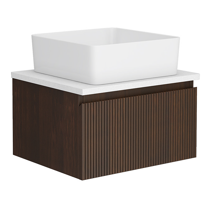 Osaka Slatted Dark Oak 500mm Wall Hung 1 Drawer Vanity Unit with White Granite Stone Worktop + Gloss White Basin