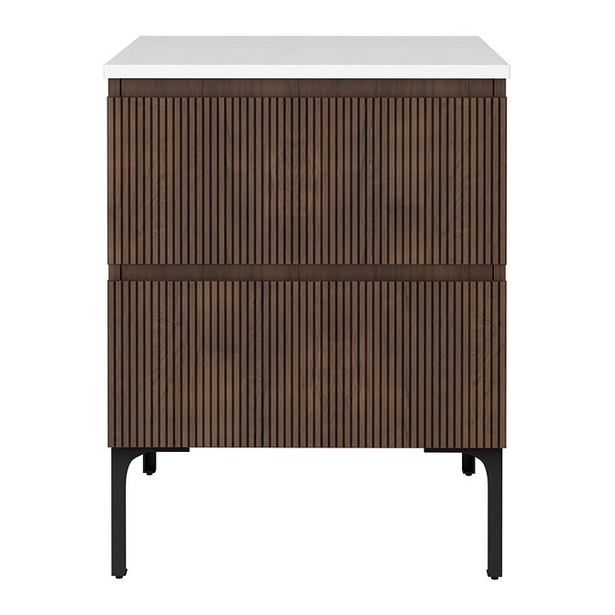 Osaka Slatted Dark Oak 600mm Freestanding Vanity with White Stone Worktop & Round Countertop Basin