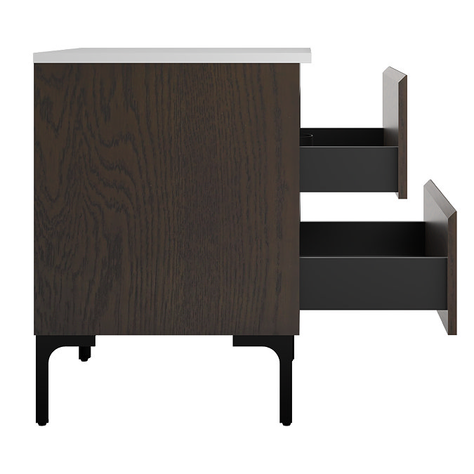 Osaka Slatted Dark Oak 600mm Freestanding Vanity with White Stone Worktop & Round Countertop Basin