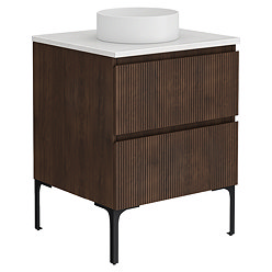Osaka Slatted Dark Oak 600mm Freestanding Vanity with White Stone Worktop & Round Countertop Basin