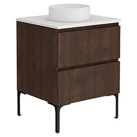 Osaka Slatted Dark Oak 600mm Freestanding Vanity with White Stone Worktop & Round Countertop Basin