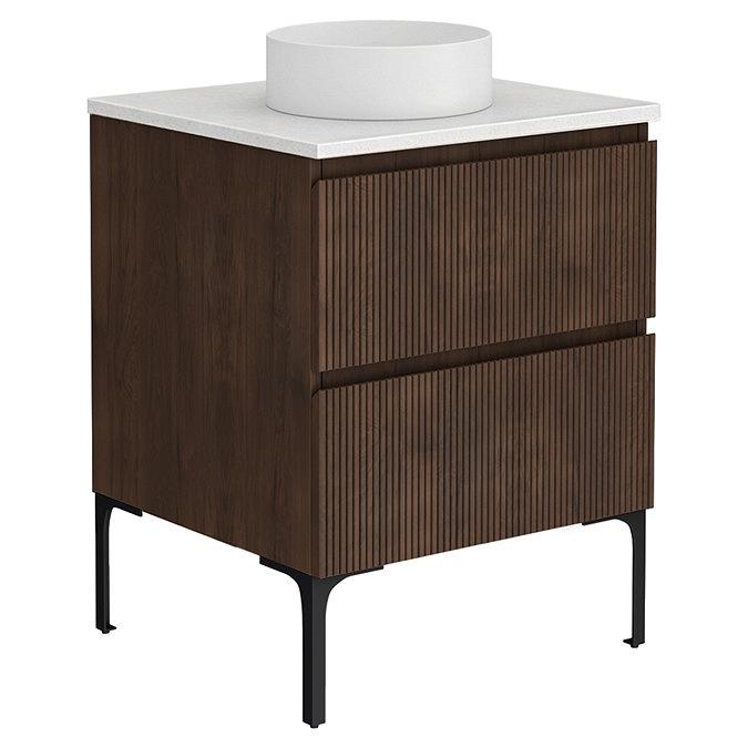 Osaka Slatted Dark Oak 600mm Freestanding Vanity with White Stone Worktop & Round Countertop Basin