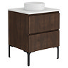 Osaka Slatted Dark Oak 600mm Freestanding Vanity with White Stone Worktop & Round Countertop Basin