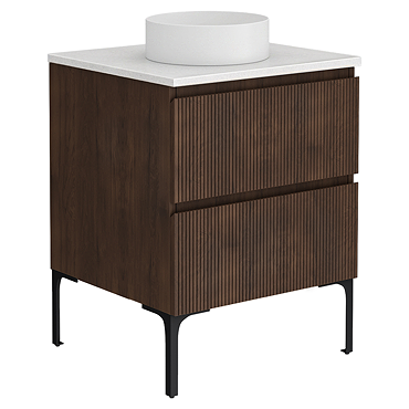 Osaka Slatted Dark Oak 600mm Freestanding Vanity with White Stone Worktop & Round Countertop Basin