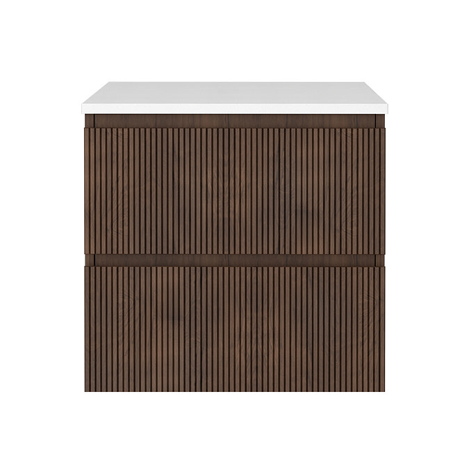 Osaka Slatted Dark Oak 600mm Wall Hung Vanity with White Stone Worktop & Round Countertop Basin