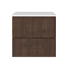 Osaka Slatted Dark Oak 600mm Wall Hung Vanity with White Stone Worktop & Round Countertop Basin