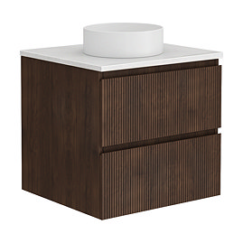 Osaka Slatted Dark Oak 600mm Wall Hung Vanity with White Stone Worktop & Round Countertop Basin