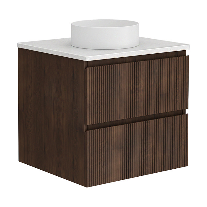 Osaka Slatted Dark Oak 600mm Wall Hung Vanity with White Stone Worktop & Round Countertop Basin