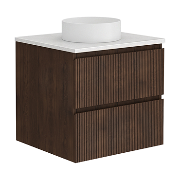 Osaka Slatted Dark Oak 600mm Wall Hung Vanity with White Stone Worktop & Round Countertop Basin