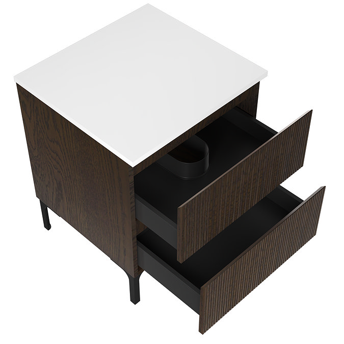 Osaka Slatted Dark Oak 600mm 2-Drawer Countertop Vanity Unit with White Stone Worktop