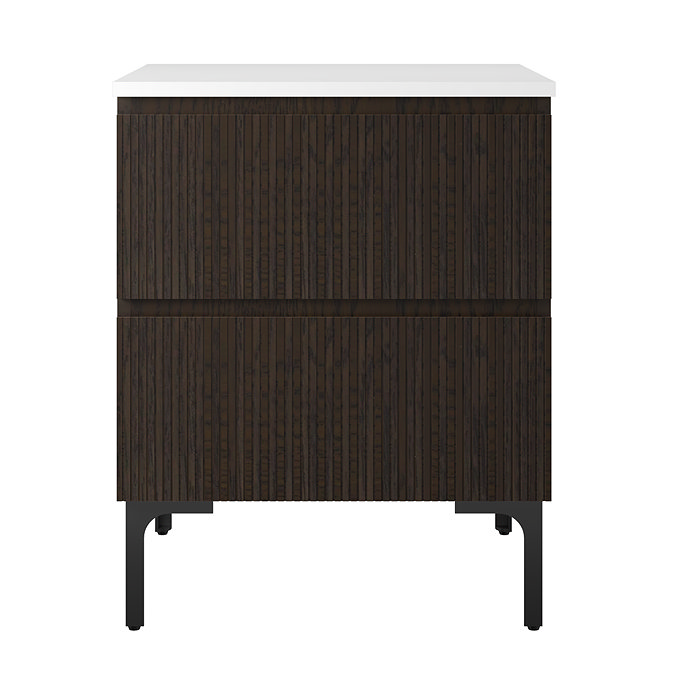 Osaka Slatted Dark Oak 600mm 2-Drawer Countertop Vanity Unit with White Stone Worktop