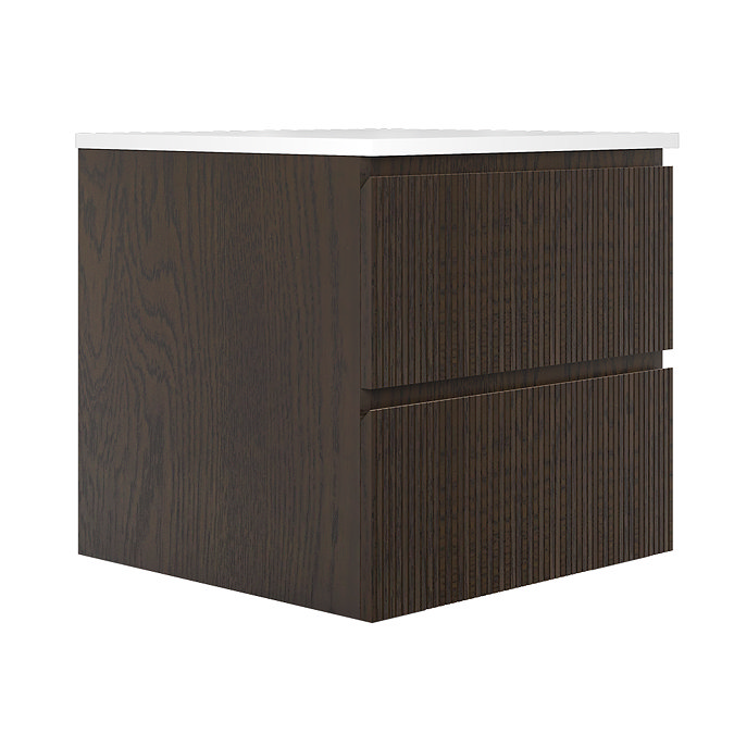 Osaka Slatted Dark Oak 600mm 2-Drawer Countertop Vanity Unit with White Stone Worktop
