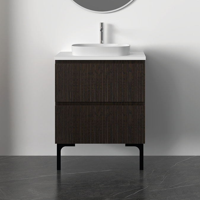 Osaka Slatted Dark Oak 600mm 2-Drawer Countertop Vanity Unit with White Stone Worktop