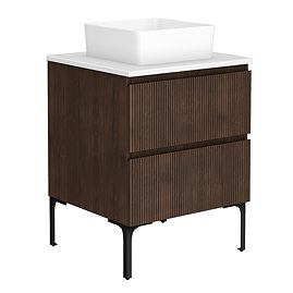 Osaka Slatted Dark Oak Effect 600mm 2-Drawer Vanity Unit with White Granite Worktop & Countertop Basin