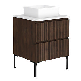 Osaka Slatted Dark Oak Effect 600mm 2-Drawer Vanity Unit with White Granite Worktop & Countertop Basin