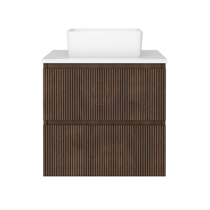 Osaka Slatted Oak 600mm Wall Hung 2-Drawer Countertop Vanity Unit with White Stone Worktop and Square Basin