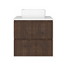 Osaka Slatted Oak 600mm Wall Hung 2-Drawer Countertop Vanity Unit with White Stone Worktop and Square Basin