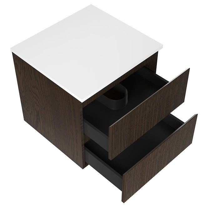 Osaka Slatted Dark Oak 600mm Wall Hung 2-Drawer Countertop Vanity Unit with White Stone Worktop and Square Basin
