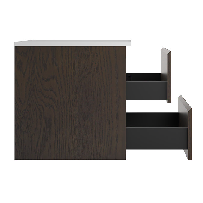 Osaka Slatted Dark Oak 600mm Wall Hung 2-Drawer Countertop Vanity Unit with White Stone Worktop and Square Basin