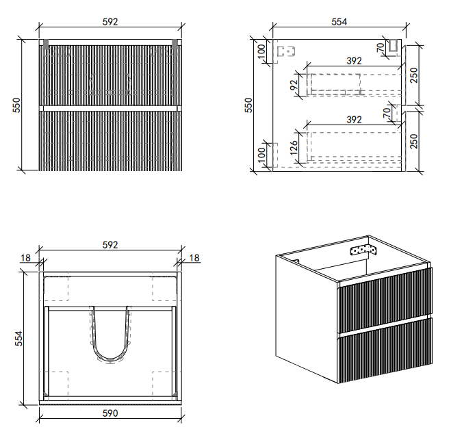 Osaka Slatted Dark Oak 600mm Wall Hung 2-Drawer Countertop Vanity Unit with White Stone Worktop and Square Basin