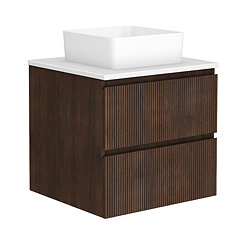 Osaka Slatted Dark Oak 600mm Wall Hung 2-Drawer Countertop Vanity Unit with White Stone Worktop and Square Basin