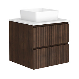 Osaka Slatted Dark Oak 600mm Wall Hung 2-Drawer Countertop Vanity Unit with White Stone Worktop and Square Basin