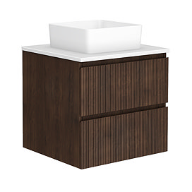 Osaka Slatted Dark Oak 600mm Wall Hung 2-Drawer Countertop Vanity Unit with White Stone Worktop and Square Basin