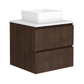 Osaka Slatted Dark Oak 600mm Wall Hung 2-Drawer Countertop Vanity Unit with White Stone Worktop and Square Basin