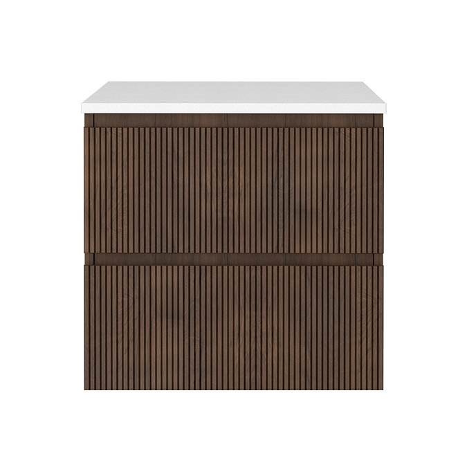 Osaka Slatted Dark Oak 600mm Wall Hung 2-Drawer Countertop Vanity Unit with White Stone Worktop