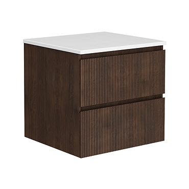 Osaka Slatted Dark Oak 600mm Wall Hung 2-Drawer Countertop Vanity Unit with White Stone Worktop