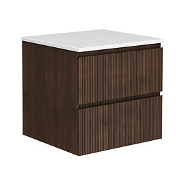 Osaka Slatted Dark Oak 600mm Wall Hung 2-Drawer Countertop Vanity Unit with White Stone Worktop