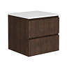 Osaka Slatted Dark Oak 600mm Wall Hung 2-Drawer Countertop Vanity Unit with White Stone Worktop