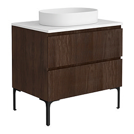 Osaka Slatted Dark Oak 800mm Freestanding Vanity with White Stone Worktop & Oval Countertop Basin