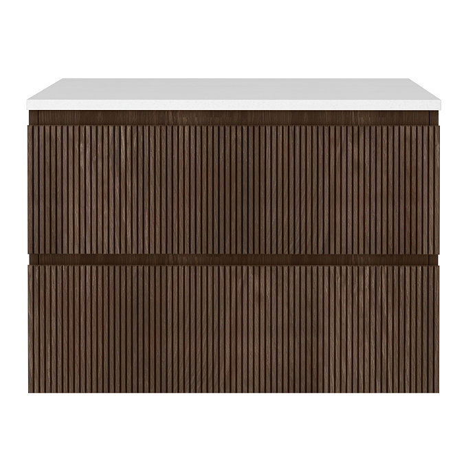 Osaka Slatted Dark Oak 800mm Wall Hung Vanity with White Stone Worktop & Oval Countertop Basin